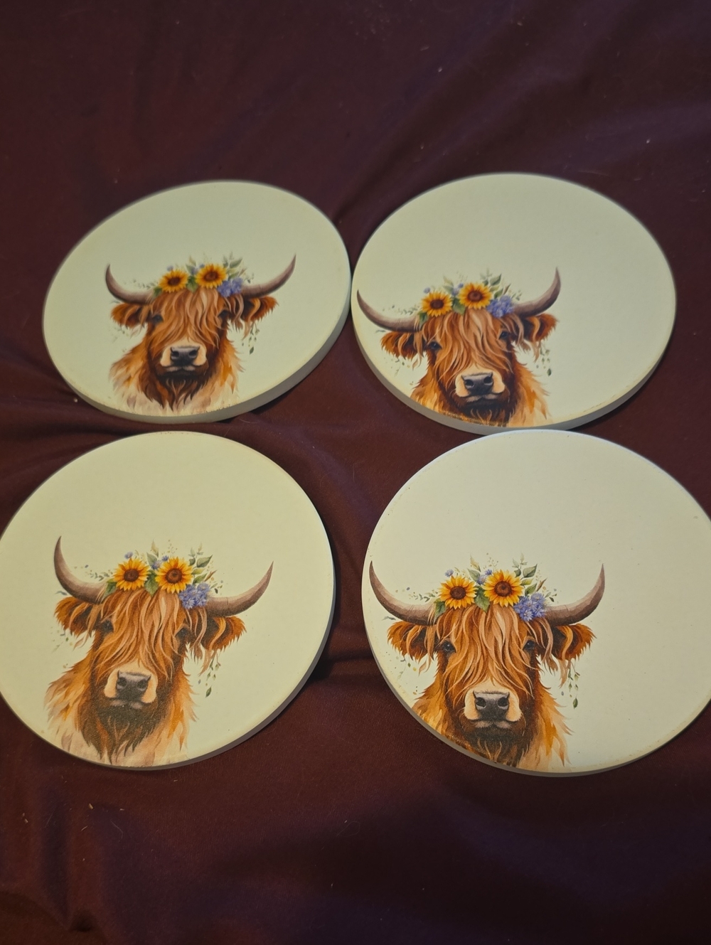 Set of 4 Floral Highland Cow Coasters - White Background